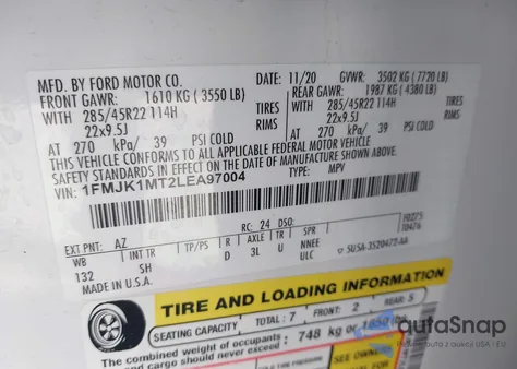 2020 Ford Expedition Platinum Max из США, поврежденный, VIN 1FMJK1MT2LEA97004